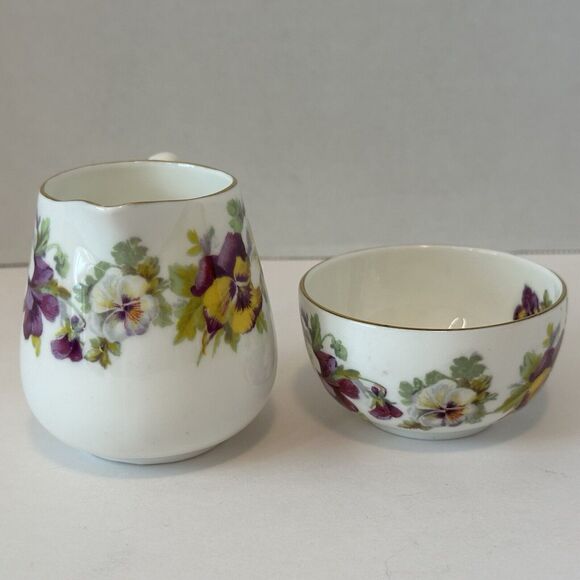 CROWN STAFFORDSHIRE Mini Creamer & Sugar Bowl White, Yellow, Purple Pansies VTG - Picture 3 of 13
